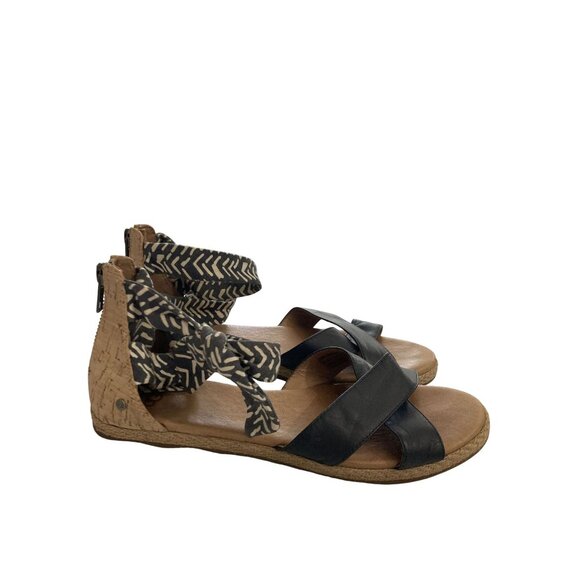 Ugg Women's Size 8 Black Leather Fabric Ankle zipper Cork Wedge Sandals shoes - Picture 4 of 7